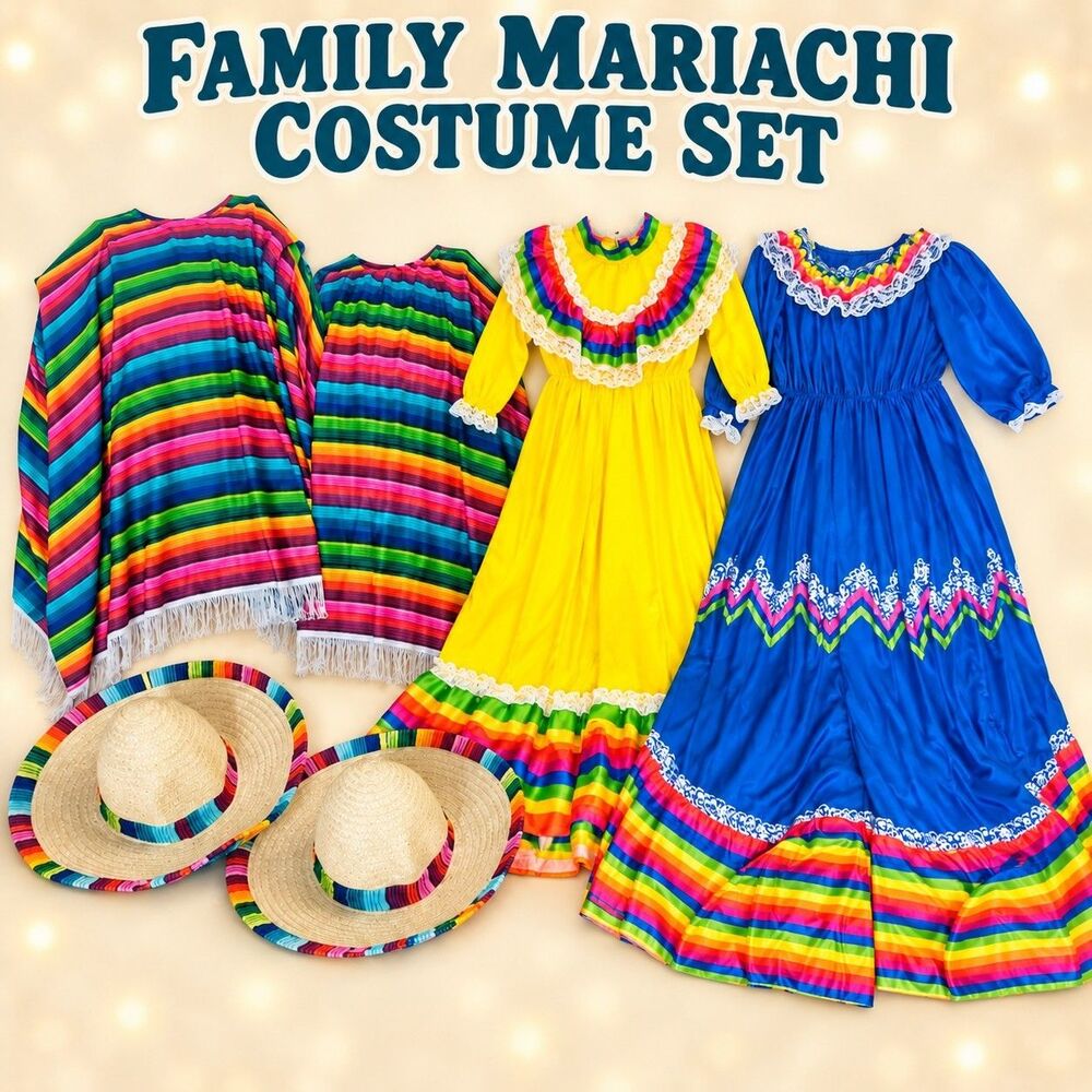 Family Mexican Fiesta Mariachi Costume Lot 4 Adult Kids Men Dresses Ponchos Hat